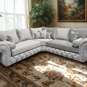Rio Chesterfield Corner Sofa – Silver Plush Fabric