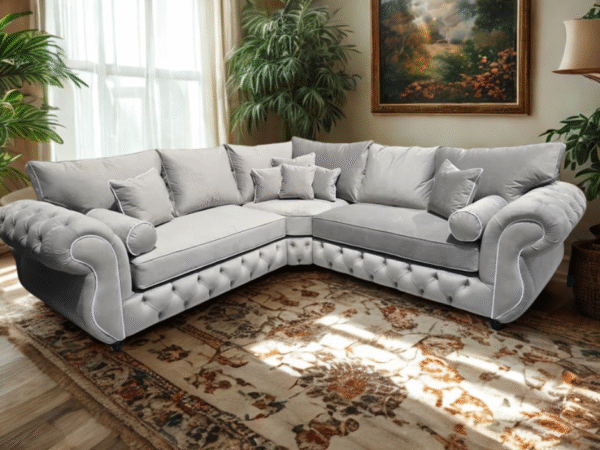 Rio Chesterfield Corner Sofa – Silver Plush Fabric