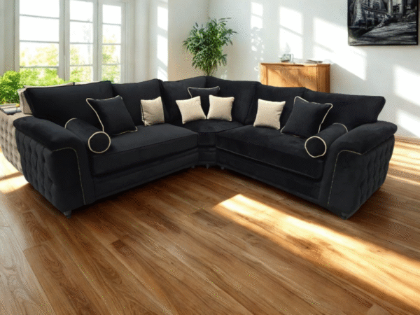 Zara Chesterfield Corner Sofa - Black Plush Fabric