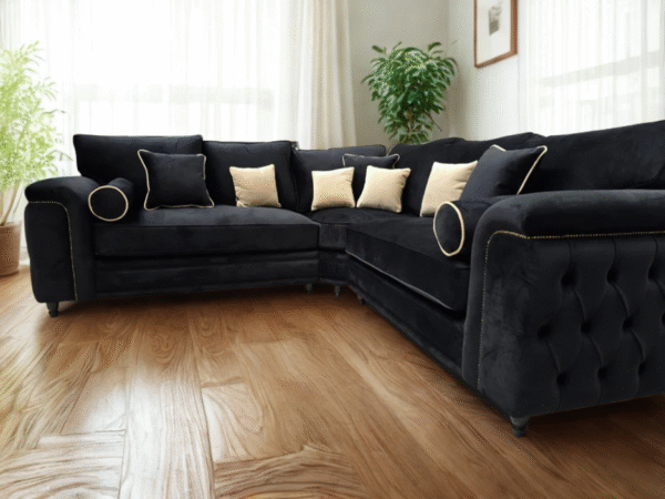 Zara Chesterfield Corner Sofa - Black Plush Fabric - Image 2