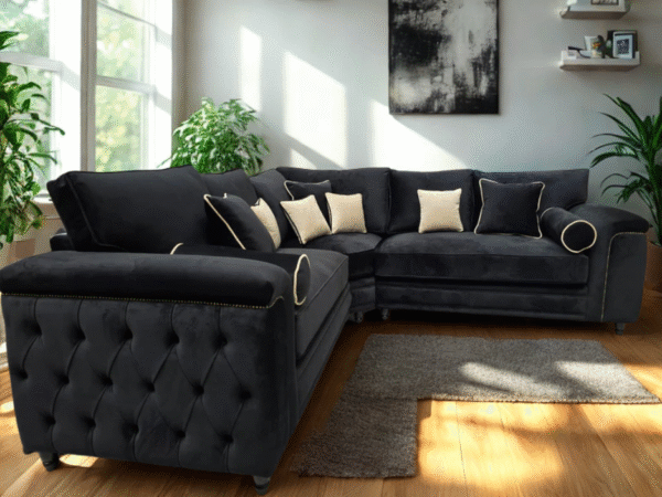 Zara Chesterfield Corner Sofa - Black Plush Fabric - Image 3