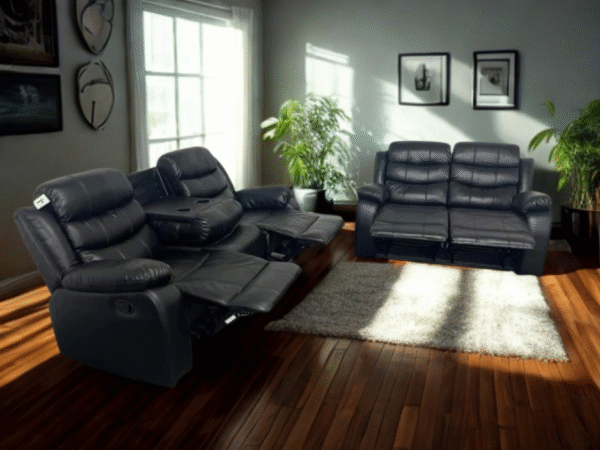 3+2 Roma Leather Recliner Sofa with Cupholders (Black)