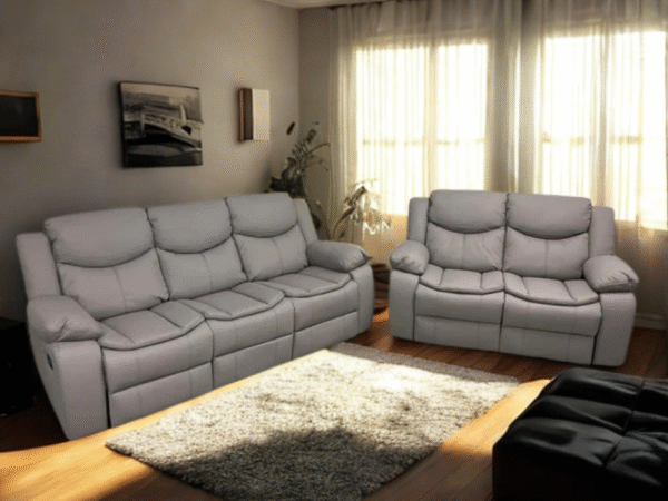 3+2 Highgate Leather Recliner Sofa With Cupholders (Light Grey)