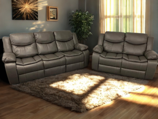 3+2 Highgate Leather Recliner Sofa With Cupholders (Grey)