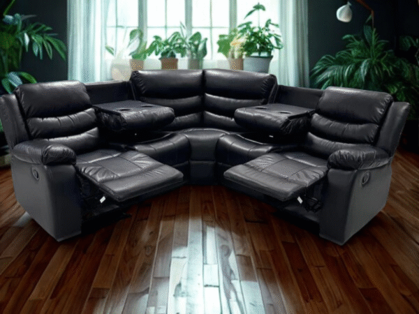 Roma Leather Corner Recliner with Cupholders (Black)